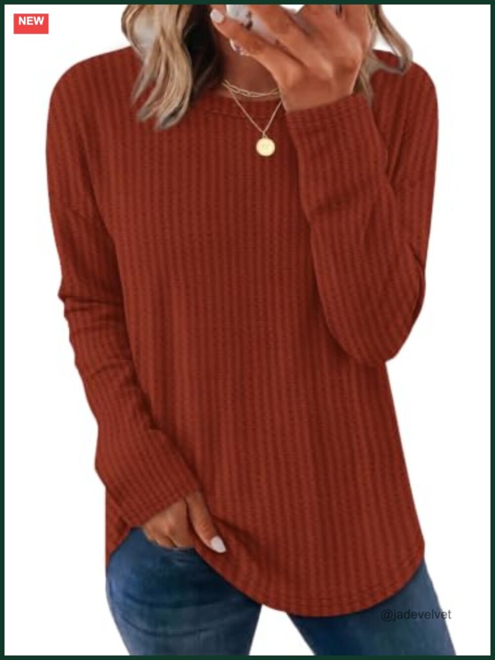 Waffle Knit Long Sleeve Crew Neck Tunic Top for Women Curved Hem Relaxed Fit